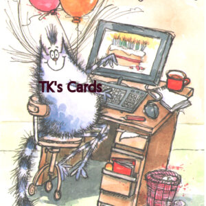Margaret Sherry "Cat, Computer, Balloons" Birthday Kats Card #24487